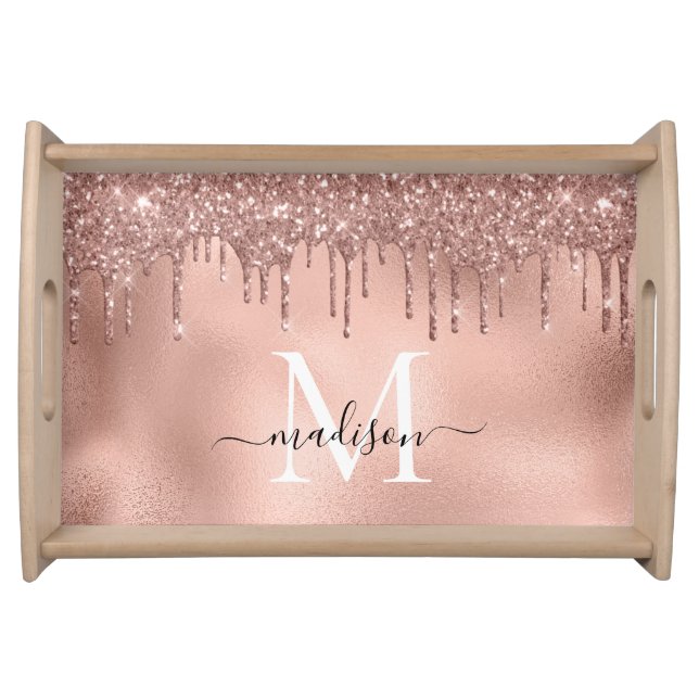 Monogram Metallic Rose Gold Pink Glitter Drips Serving Tray (Front)
