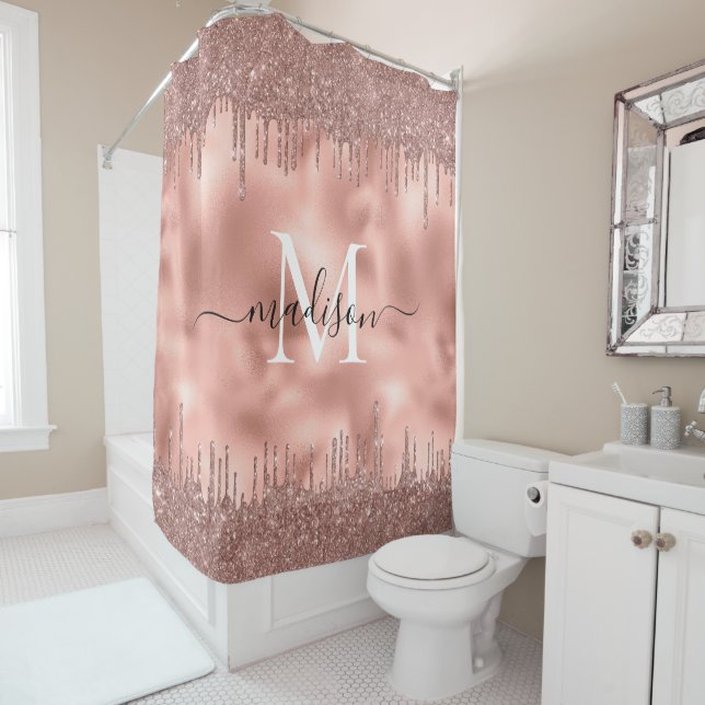 Monogram Metallic Rose Gold Pink Glitter Drips Shower Curtain (In Situ)
