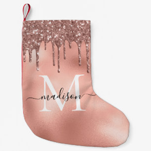 Monogram Metallic Rose Gold Pink Glitter Drips Small Christmas Stocking