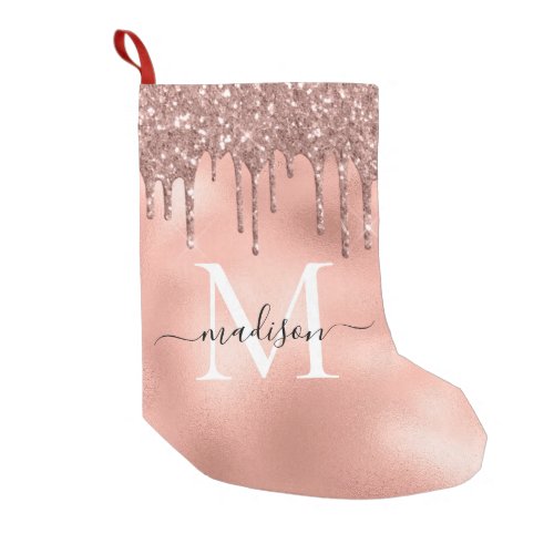 Monogram Metallic Rose Gold Pink Glitter Drips Small Christmas Stocking