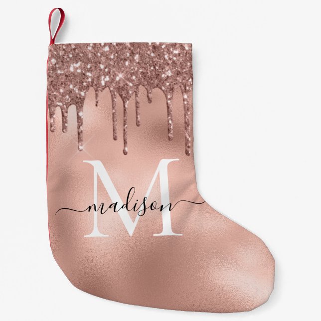 Monogram Metallic Rose Gold Pink Glitter Drips Small Christmas Stocking (Front)