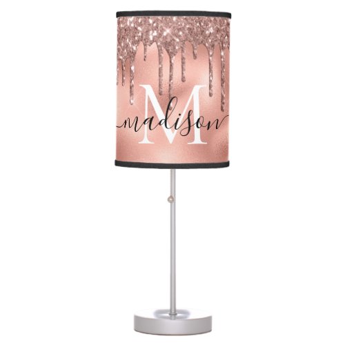 Monogram Metallic Rose Gold Pink Glitter Drips Table Lamp