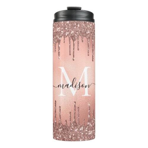 Monogram Metallic Rose Gold Pink Glitter Drips Thermal Tumbler