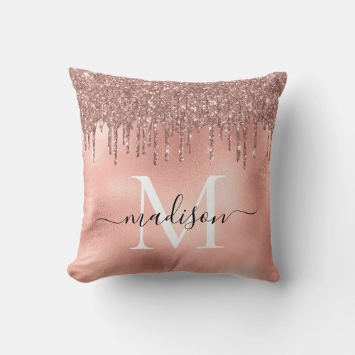 Monogram Metallic Rose Gold Pink Glitter Drips Throw Pillow