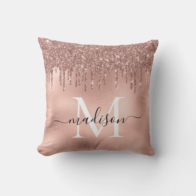 Monogram Metallic Rose Gold Pink Glitter Drips Throw Pillow (Front)