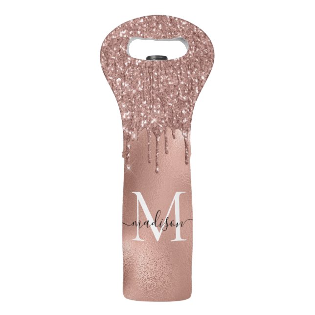 Monogram Metallic Rose Gold Pink Glitter Drips Wine Bag (Front)