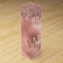 Monogram Metallic Rose Gold Pink Glitter Drips Wine Box