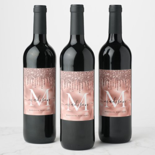 Monogram Metallic Rose Gold Pink Glitter Drips Wine Label