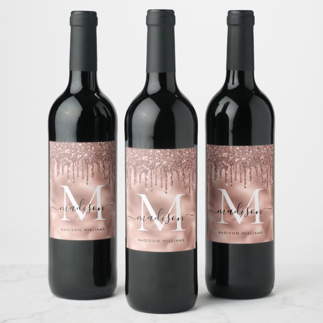 Monogram Metallic Rose Gold Pink Glitter Drips Wine Label (Bottles)