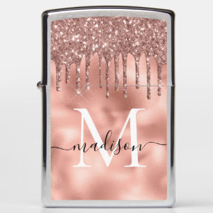 Monogram Metallic Rose Gold Pink Glitter Drips Zippo Lighter