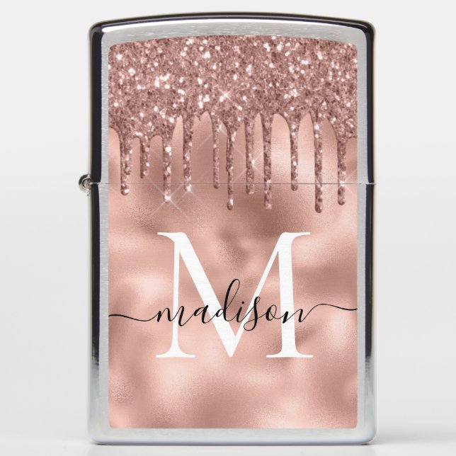 Monogram Metallic Rose Gold Pink Glitter Drips Zippo Lighter (Front)