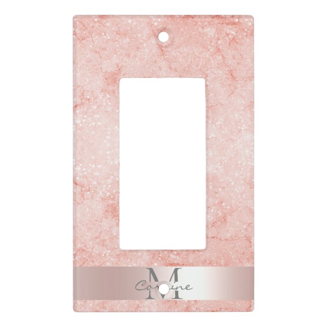 Monogram Metallic Rose Gold + Pink Glitter Marble Light Switch Cover (Front)