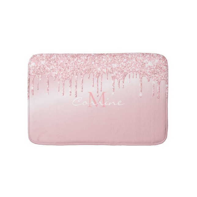 Monogram Metallic Rose Quartz Pink Glitter Drips Bath Mat (Front)