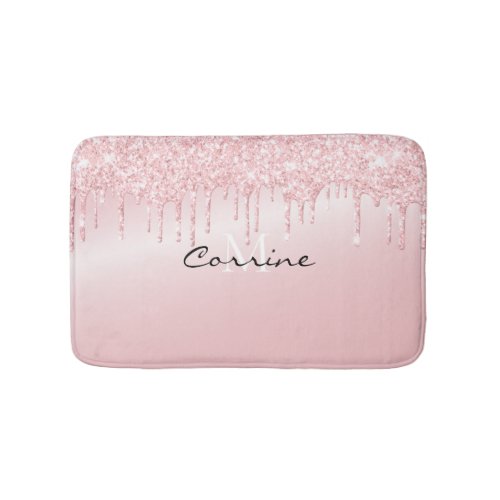 Monogram Metallic Rose Quartz Pink Glitter Drips Bath Mat