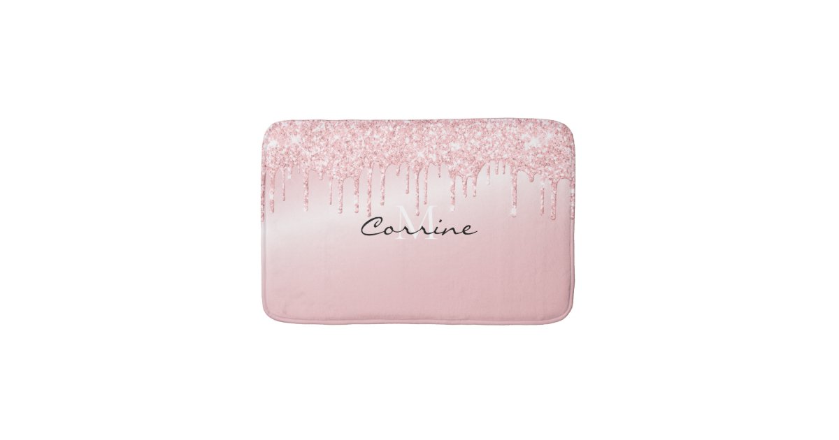Monogram Metallic Rose Quartz Pink Glitter Drips Bath Mat Zazzle