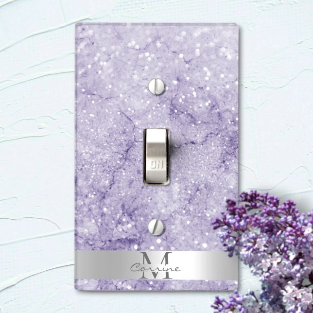 Monogram Metallic Silver + Amethyst Glitter Marble Light Switch Cover (Creator Uploaded)