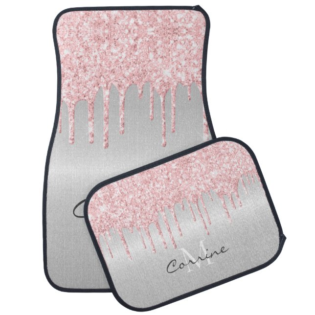Monogram Metallic Silver & Blush Pink Glitter Drip Car Floor Mat (Set)