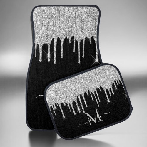 Monogram Metallic Silver Dripping Glitter Black Car Floor Mat
