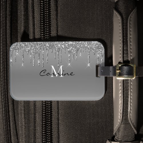 Monogram Metallic Silver Dripping Platinum Glitter Luggage Tag