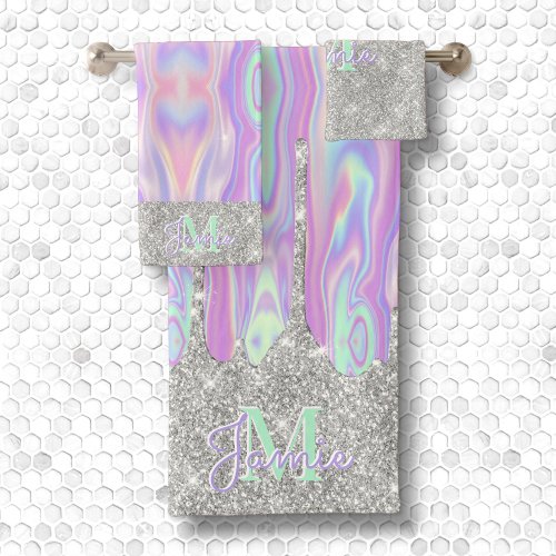 Monogram Metallic Silver Glitter Drip  Iridescent Bath Towel Set