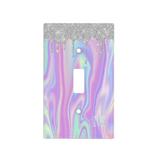 Monogram Metallic Silver Glitter Drip  Iridescent Light Switch Cover