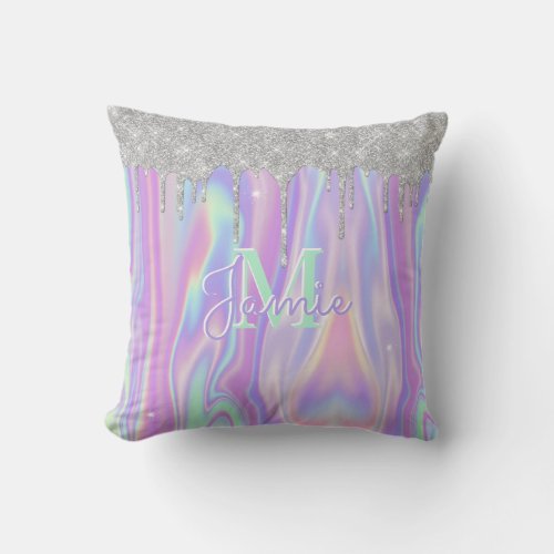 Monogram Metallic Silver Glitter Drip  Iridescent Throw Pillow
