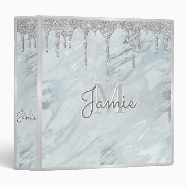 Monogram Metallic Silver Glitter & Platinum Marble 3 Ring Binder (Front/Spine)