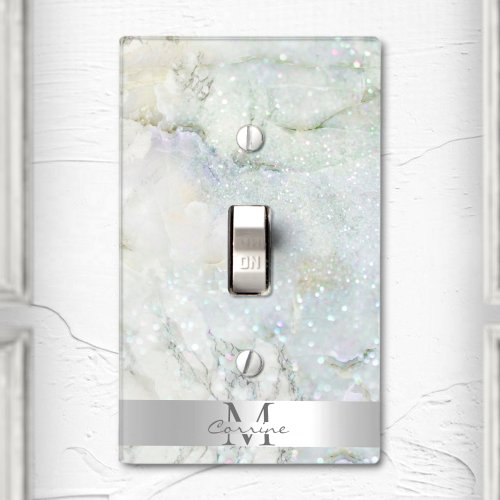 Monogram Metallic Silver  Glitter Quartz Marble Light Switch Cover