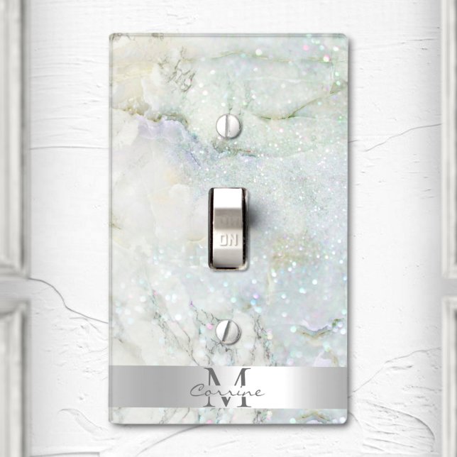 Monogram Metallic Silver + Glitter Quartz Marble Light Switch Cover (Creator Uploaded)