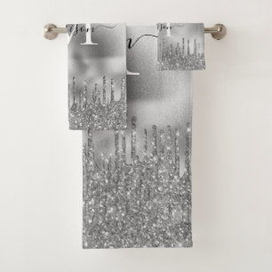 Monogram Metallic Silver Gray Dripping Glitter Bath Towel Set