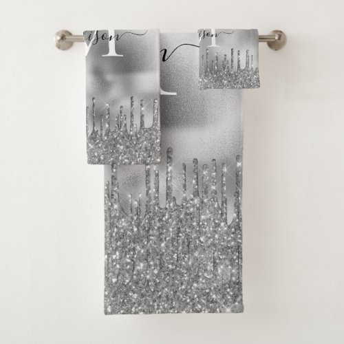  Monogram Metallic Silver Gray Dripping Glitter Bath Towel Set