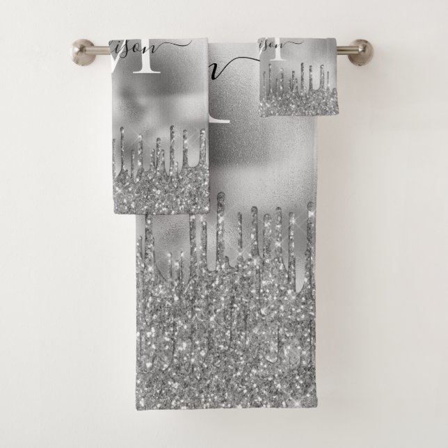  Monogram Metallic Silver Gray Dripping Glitter Bath Towel Set (Insitu)