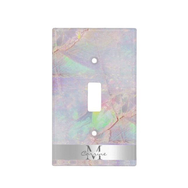 Monogram Metallic Silver + Iridescent Opal Quartz Light Switch Cover (Front)