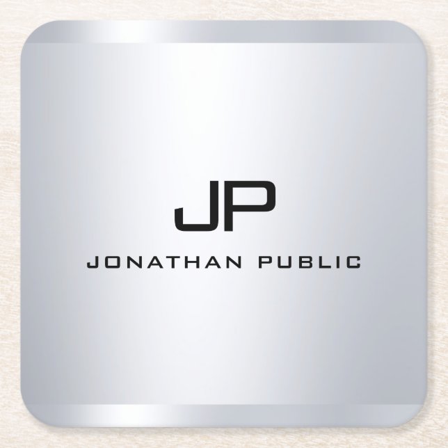 Monogram Metallic Silver Look Template Elegant Square Paper Coaster (Front)