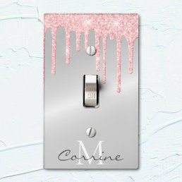 Monogram Metallic Silver &amp; Pink Dripping Glitter Light Switch Cover