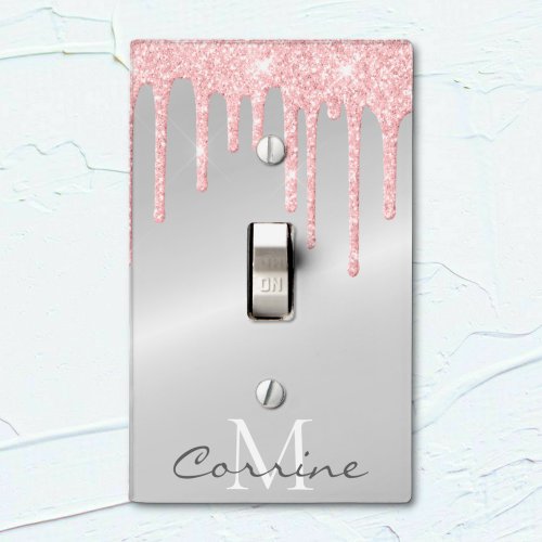 Monogram Metallic Silver  Pink Dripping Glitter Light Switch Cover