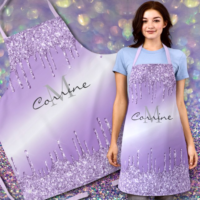 Monogram Metallic Violet Purple Dripping Glitter Apron (Creator Uploaded)