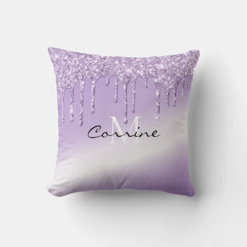 Monogram Metallic Violet Purple Dripping Glitter Throw Pillow