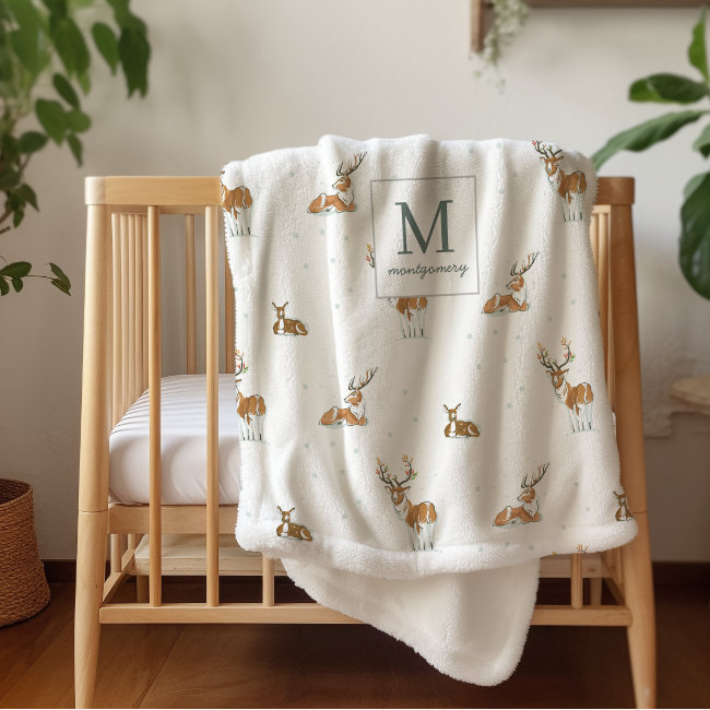 Monogram | Mid-Century Modern Christmas Reindeer Sherpa Blanket