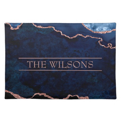 Monogram Midnight Blue Abstract Elegant Marble Cloth Placemat