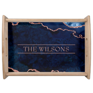 Monogram Midnight Blue Abstract Elegant Marble Serving Tray