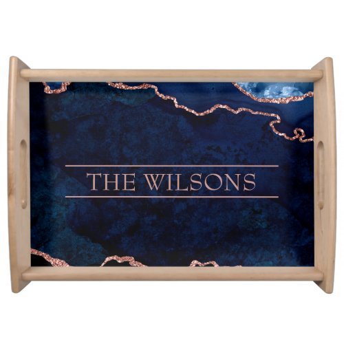 Monogram Midnight Blue Abstract Elegant Marble Serving Tray