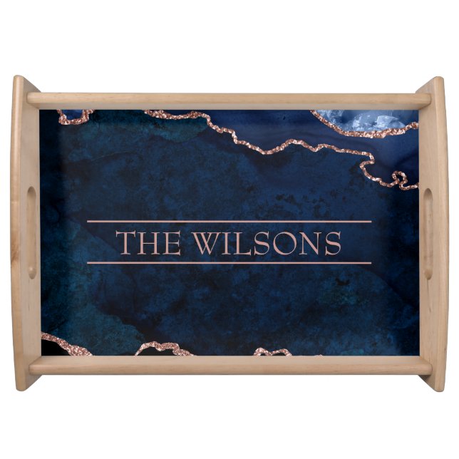 Monogram Midnight Blue Abstract Elegant Marble Serving Tray (Front)