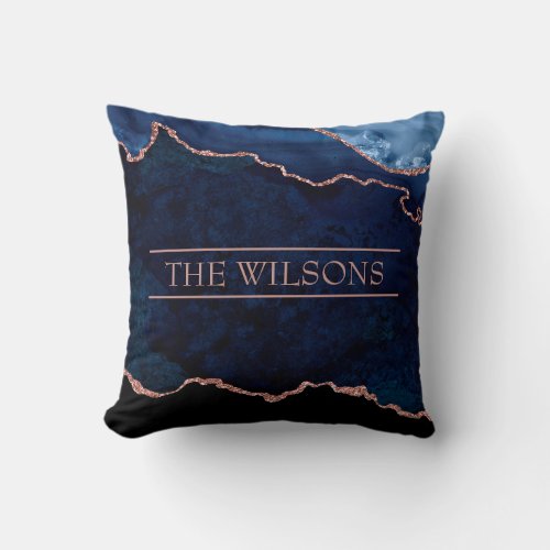 Monogram Midnight Blue Abstract Elegant Marble Throw Pillow