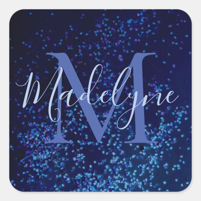 Monogram Midnite Blue Confetti Personalized Square Sticker (Front)