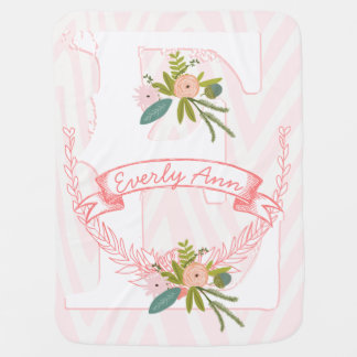 Monogram Millennial Pink Boho Zigzag Floral Stroller Blanket