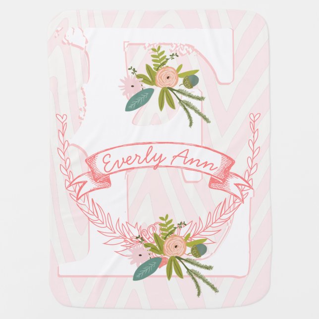Monogram Millennial Pink Boho Zigzag Floral Stroller Blanket (Front)