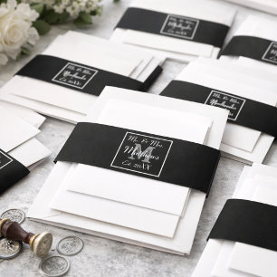Monogram Minimal Black and White Wedding Favor Invitation Belly Band