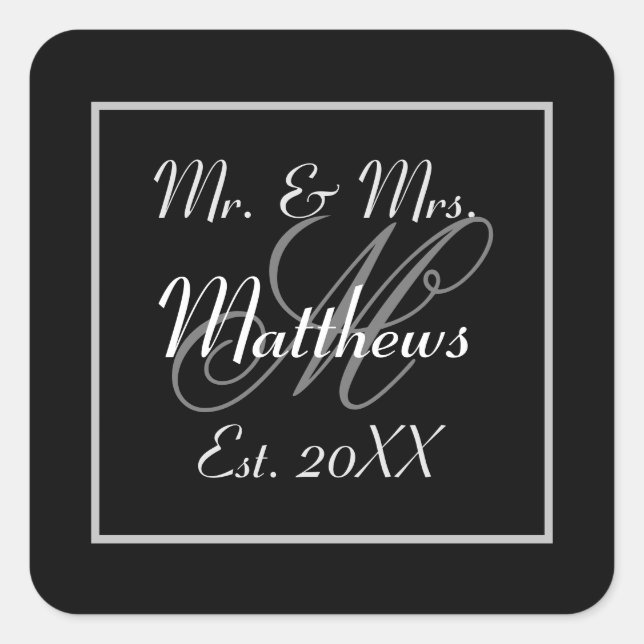 Monogram Minimal Black and White Wedding Favor Square Sticker (Front)
