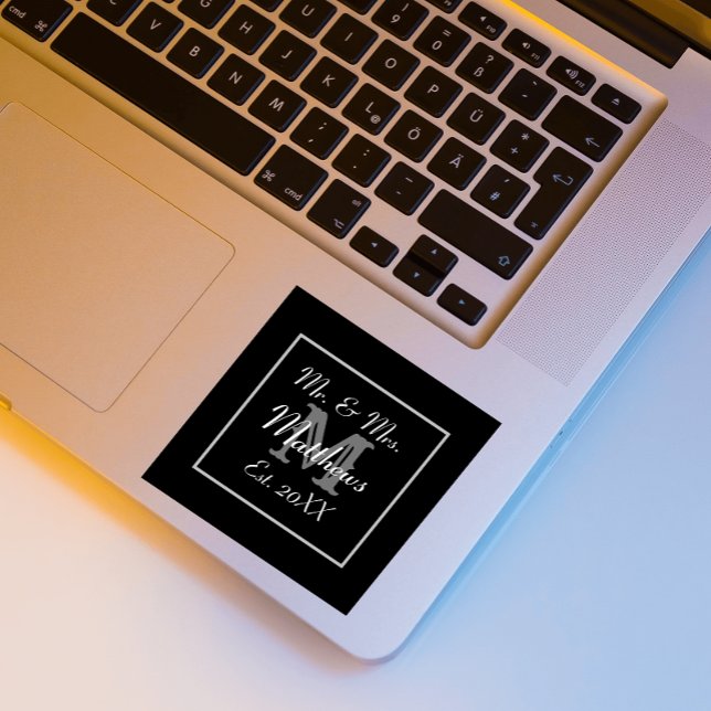 Monogram Minimal | Black and White Wedding Favor Square Sticker (Creator Uploaded)